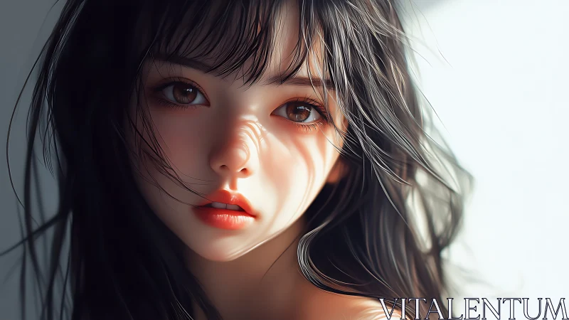 Softly lit digital portrait of girl with flowing dark hair.