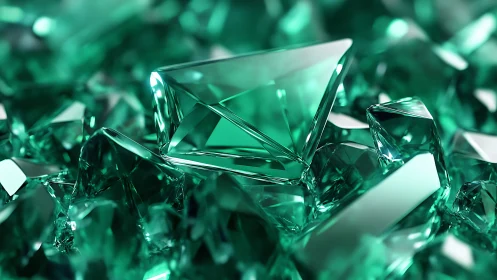 Faceted emerald crystals in sharp geometric close-up.