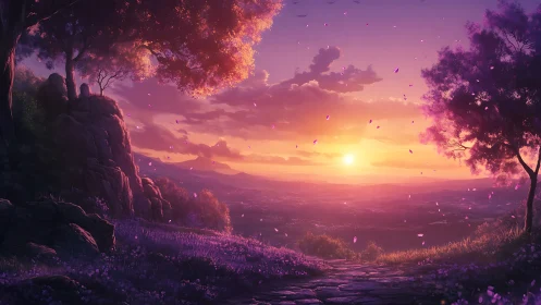 Sunset over distant valley with foreground rocky hillside.