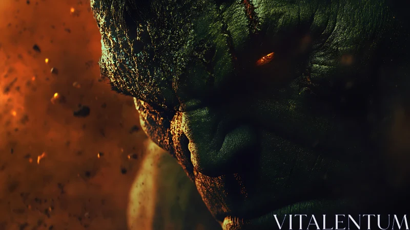 Volcanic-lit cracked green titan portrait in extreme close-up
