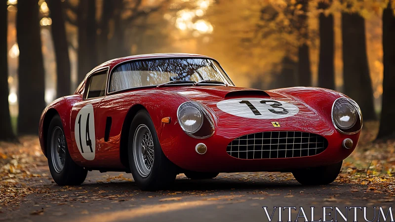 Classic red GT race car with numbered livery in autumn tree-lined lane