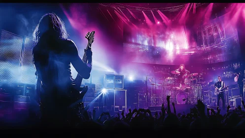 Rock band performing on stage under magenta and blue lights.