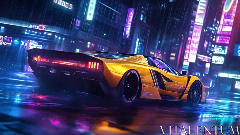 Cyberpunk rain-soaked supercar with neon urban reflections.