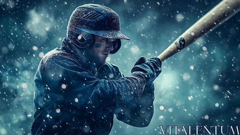 Baseball player batting in heavy winter snowfall.