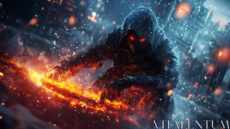 Hooded fireblade wielder in molten snowstorm cityscape.