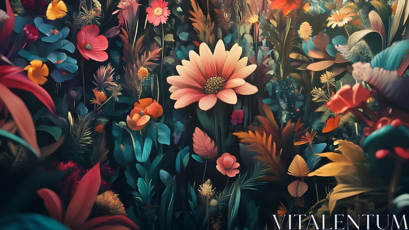Vibrant Floral Garden Against Dark Background. Layered Botanical Composition.
