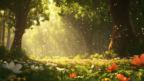 Sunlit forest meadow glows under drifting petals and blooms