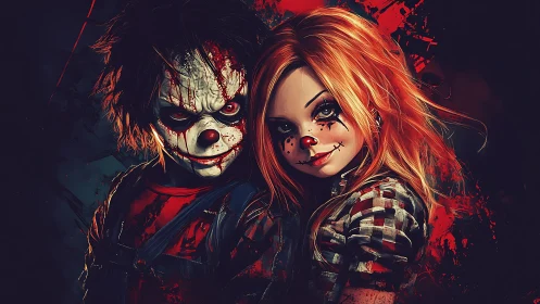 Bloodstained killer clown duo stare directly at the viewer