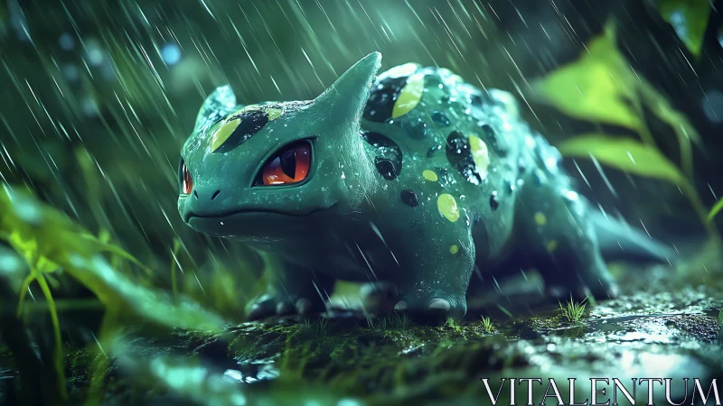 Small reptilian creature stands on wet ground in rainfall