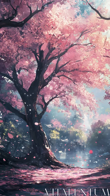 Cherry blossom tree stretches over misty reflective riverbank