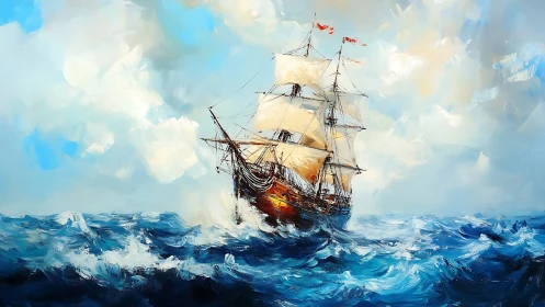Impasto-rendered tall ship cutting dynamically through ocean swells.