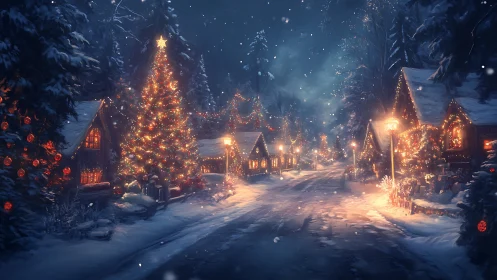 Snow-dusted village lane glowing with storybook Christmas lights.