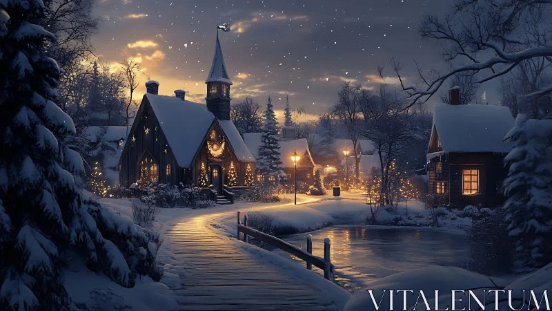 Snowy village glows softly under a calm winter night sky
