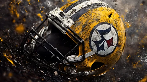 Yellow football helmet with logo lying on muddy ground.