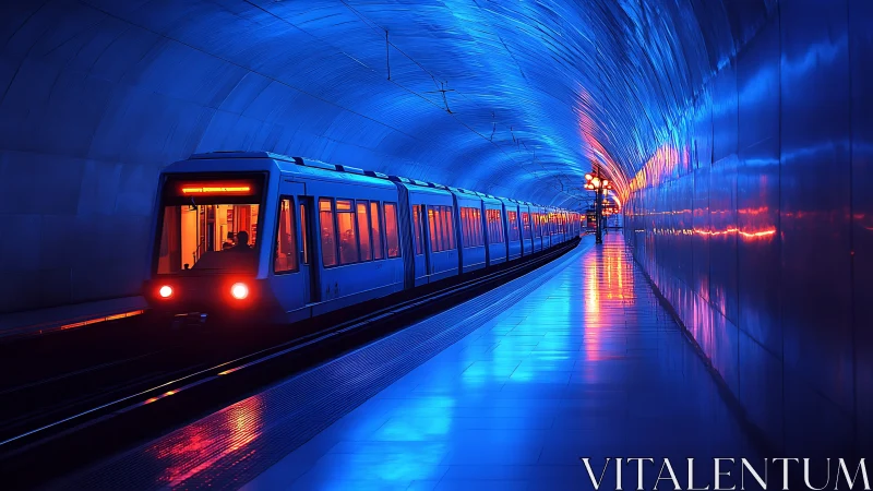 Urban subway train in blue illuminated underground station.