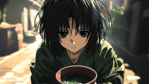Anime portrait of solemn child with tea bowl, shallow depth focus.