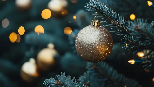 Gold ornament glows against deep green Christmas branches.