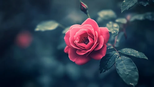 Vibrant Coral Rose with Selective Focus and Bokeh.