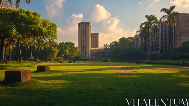 Modern campus lawn framed by towers in warm evening light