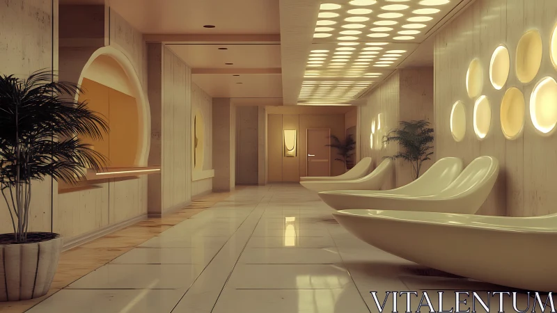 Parametric lounge corridor with retro-futurist luminance grid.