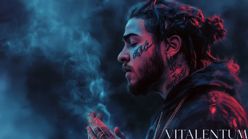 Neon-lit profile portrait in blue and red atmospheric haze.