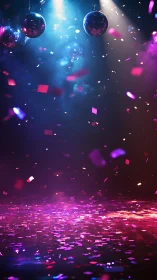 Disco confetti storm under vibrant magenta blue stage lights.