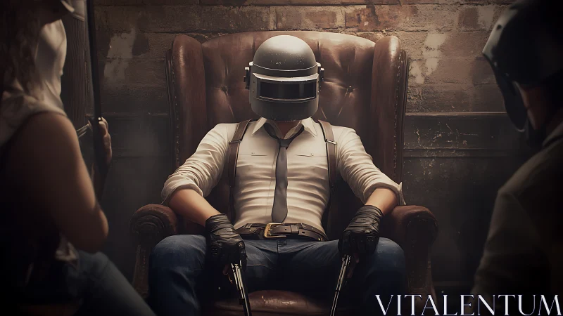 Helmeted gunman sits in worn armchair between tense rivals