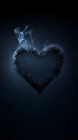 Water splashing heart shape against dark blue background with particles