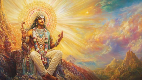 Radiant celestial deity seated in luminous mountain realm.