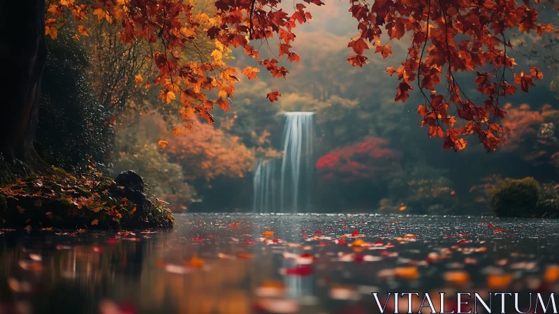 Autumn forest lake with soft-focus waterfall and maple canopy