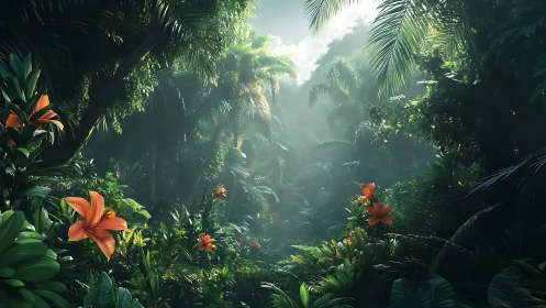Lush Jungle Canopy with Orange Lilies and Misty Atmospheric Rays.
