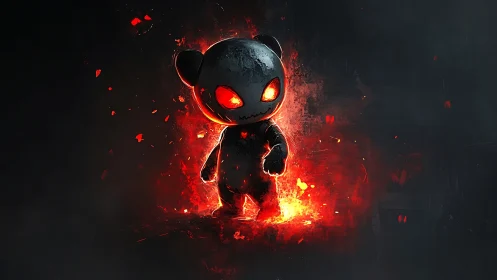 Fiery stitched creature glows warmly in a dark smoky void