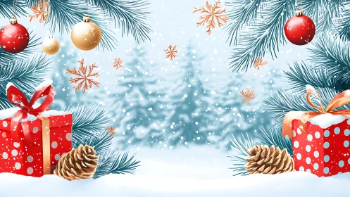 Snowy pine forest wrapped in bright Christmas cheer.