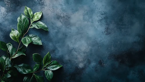 Deep green foliage rests against textured blue wall