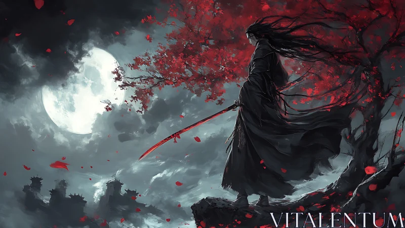 Moonlit warrior pauses beneath crimson blossoms and breathes