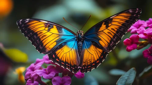 Vibrant blue and orange butterfly on bright pink flowers.