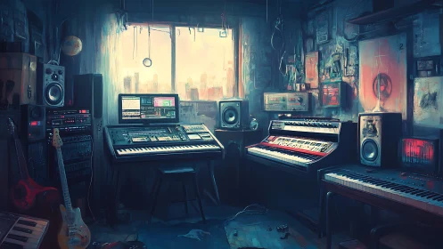 Cyberpunk synth studio overlooks hazy dystopian skyline at dawn