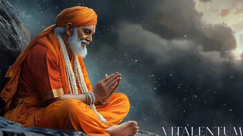 Elderly robed man sits cross-legged in prayerful posture