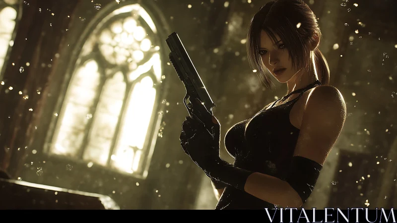 3D action heroine in cinematic cathedral light composition.