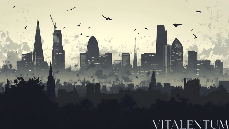 Monochrome digital skyline with atmospheric depth layering.