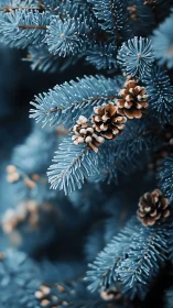 Frosty blue spruce needles cradle warm-toned winter pinecones