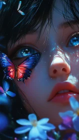 Bioluminescent butterflies reflect in girl’s iridescent eyes at night