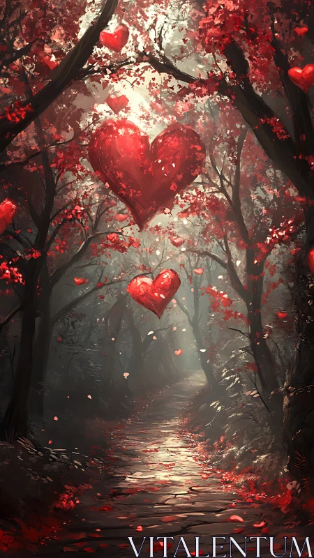 Luminous Hearts in a Misty Forest Path.