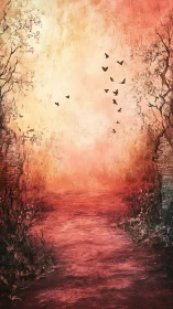 Soft sunset path glows warmly beneath graceful flying birds