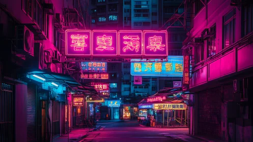 Neon-soaked cyberpunk alley with glowing Hong Kong signs.