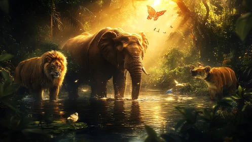 Elephant and Lions in Golden Jungle Stream.