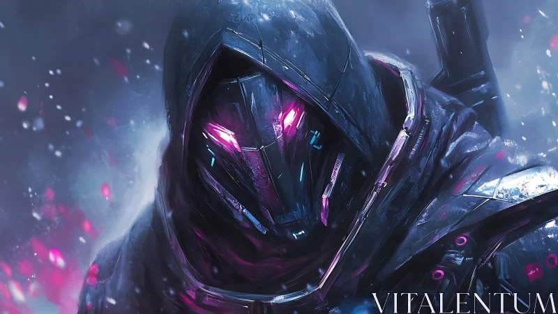 Hooded cybernetic warrior with glowing magenta visor.