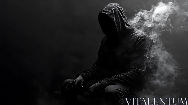 Hooded figure seated in smoke against dark background.