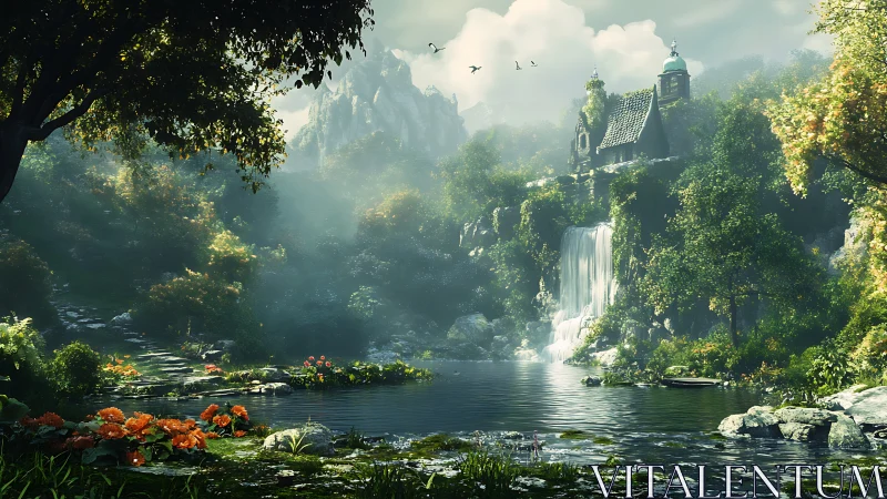 Secluded forest waterfall and cottage in soft morning light.