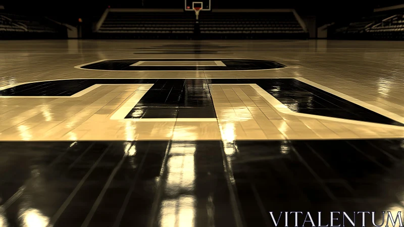 Quiet basketball court glowing with polished wooden warmth.